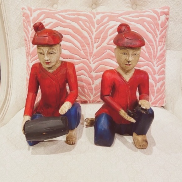 O6-Vintage Wooden Hand Carved Asian Musicians Bookends - Picture 1 of 13